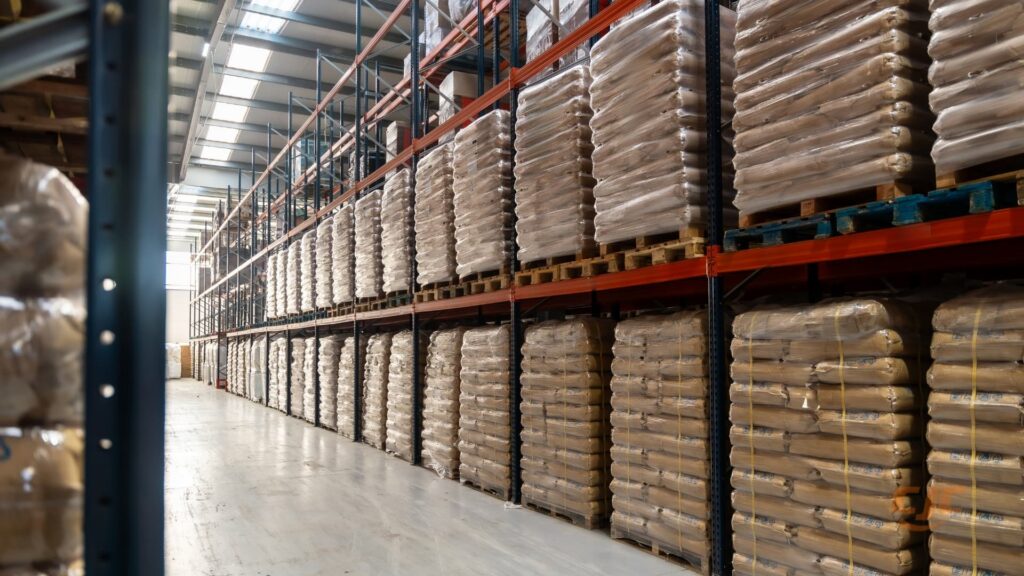 Food storage pallets piled high in a warehouse