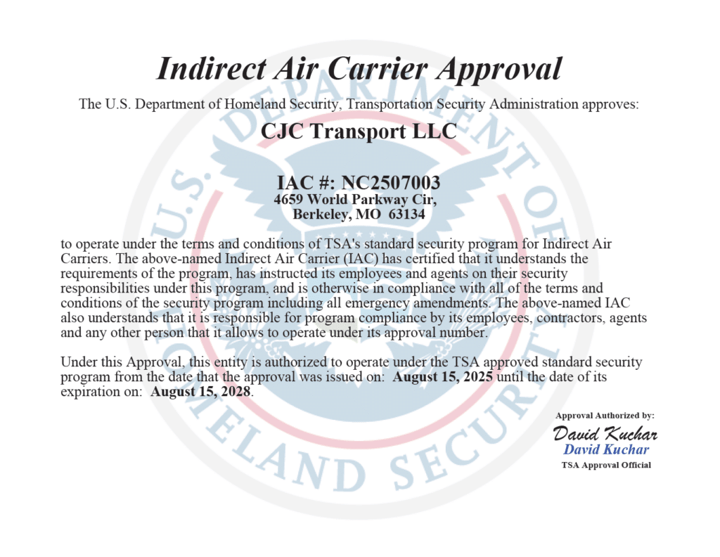 Indirect Air Carrier Approval Certificate